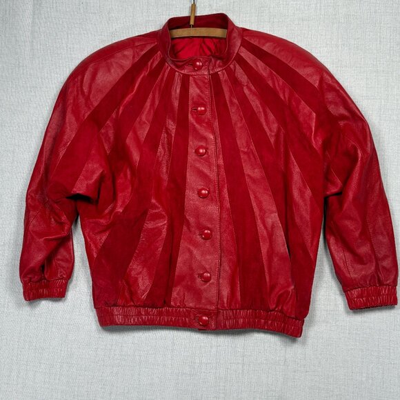 Vintage 80s Red Leather Suede Panel Jacket Batwing Button Front Bomber Size 36 - Picture 1 of 14